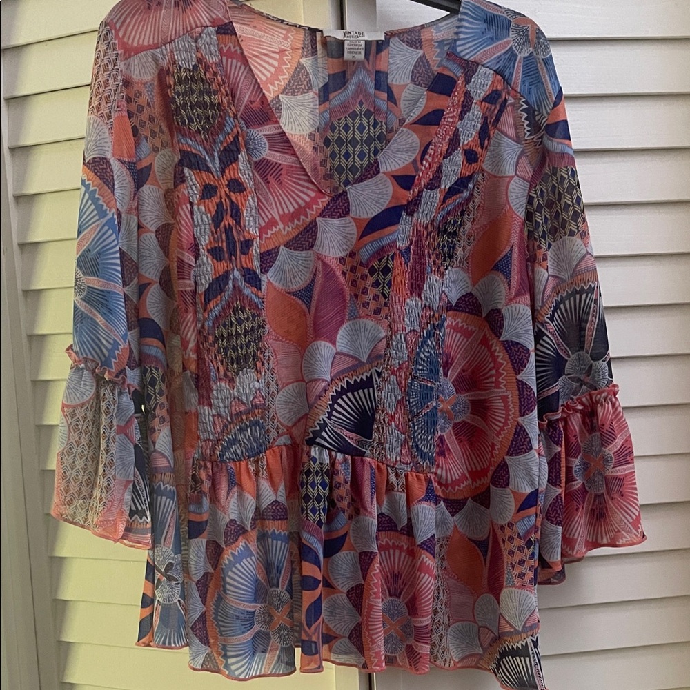 Vintage America Women's Pink and Blue Patterned Blouse